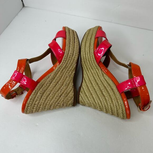 Sofft Womens size 7 Pedra Platform Patent Leather Pink Orange Heel Wedge Sandals - Picture 7 of 10